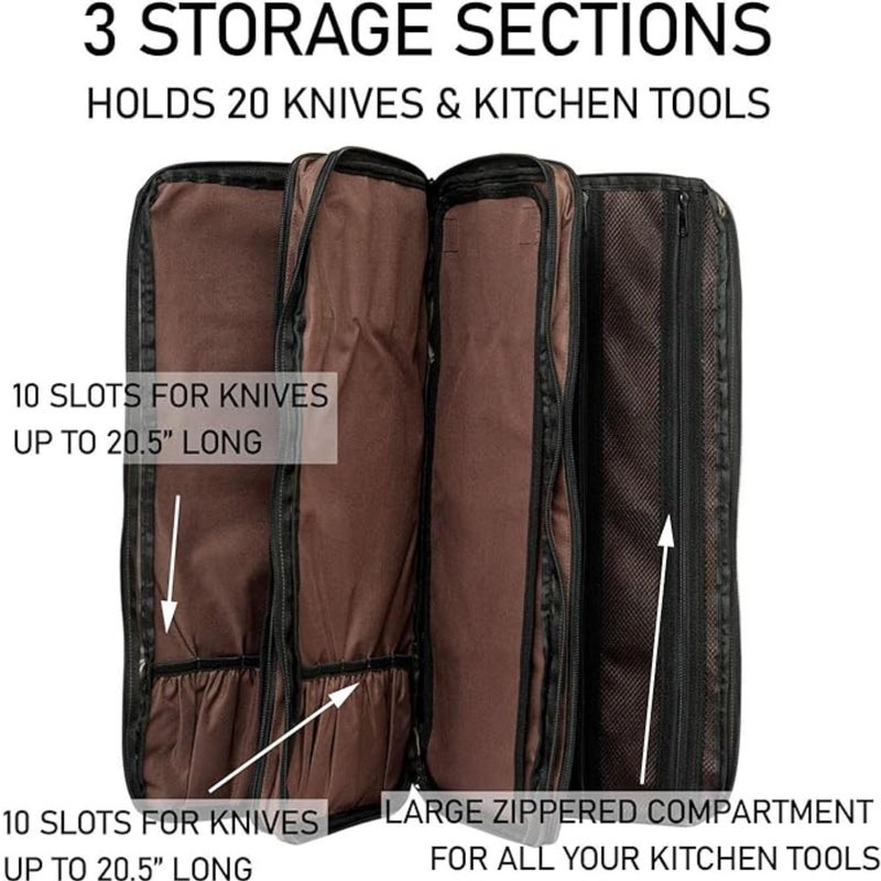 EVERPRIDE Chef Knife Bag Holds 20 Knives PLUS Large Zippered Compartment for Kitchen Tools â€“ Durable, Large Knife Bag for Chefs â€“ Professional Grade and makes a great gift! - Image 2